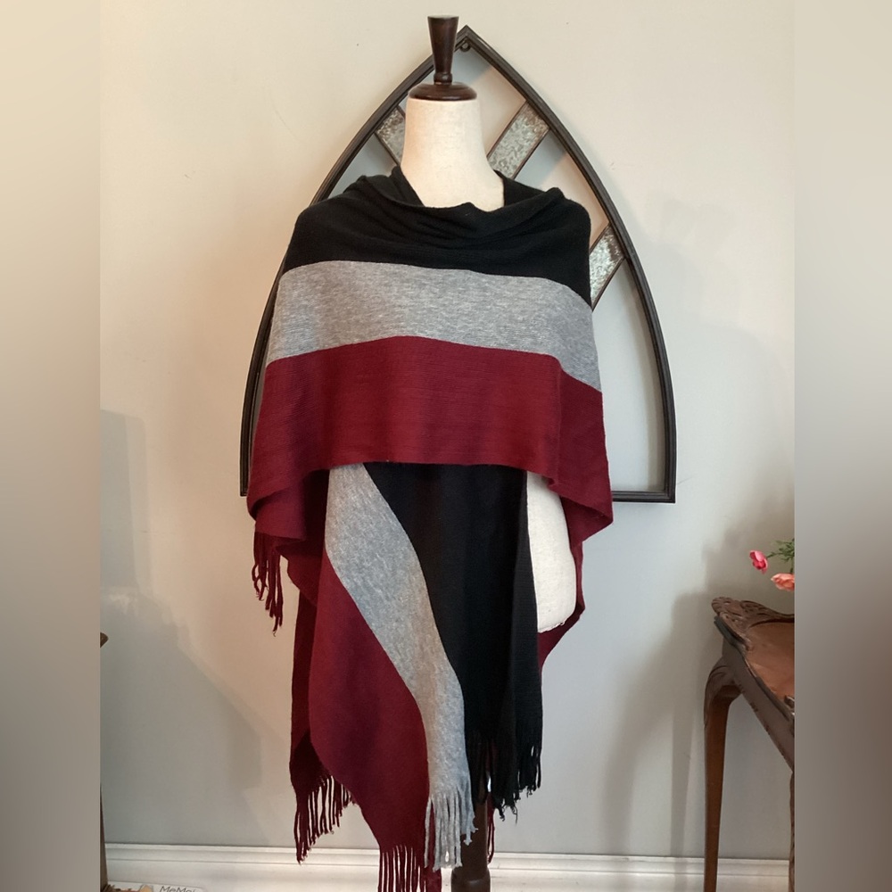 ANA & ROSE Elegant Black, Gray, and Burgandy Knit Shawl